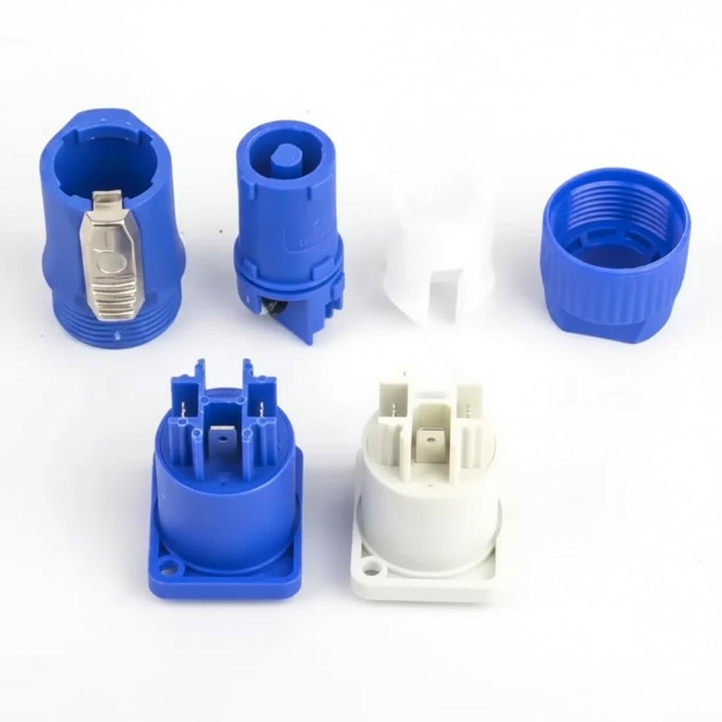 5-piece set of Powercon 3-pin lockable power connector adapters, featuring male plug to chassis socket for secure cable connections.