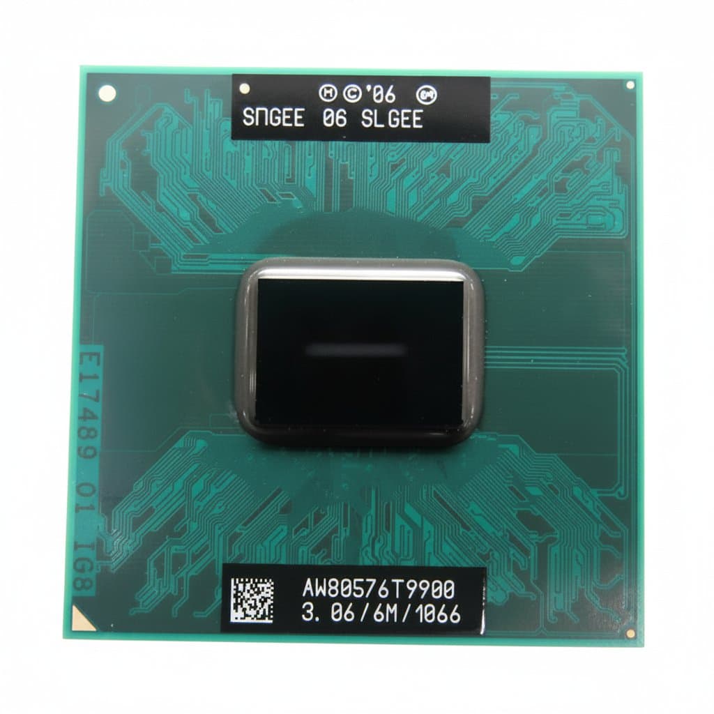 Intel Core 2 Duo T9900 laptop processor, 3.06GHz dual-core CPU with 6MB cache for Socket 479, shown on a static-safe mat.