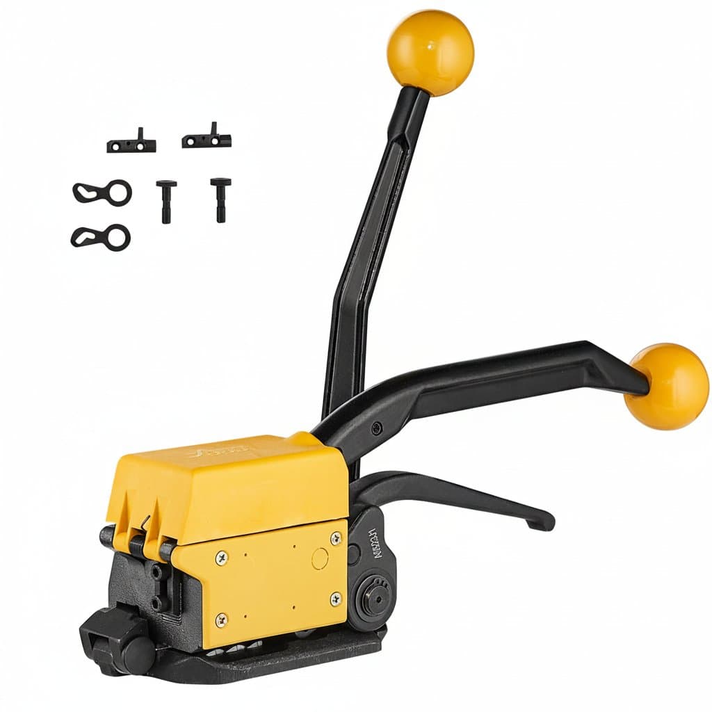 SucceBuy A333 manual steel strapping machine for 12.7-19mm straps, a durable sealless bander tool for industrial packaging and binding.