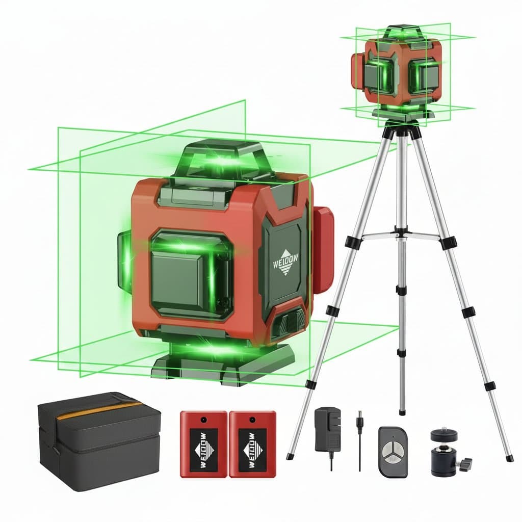 WEIDDW professional 4D 16-line laser level with green beam, 360-degree self-leveling, horizontal and vertical lines, tripod, and protective suitcase.