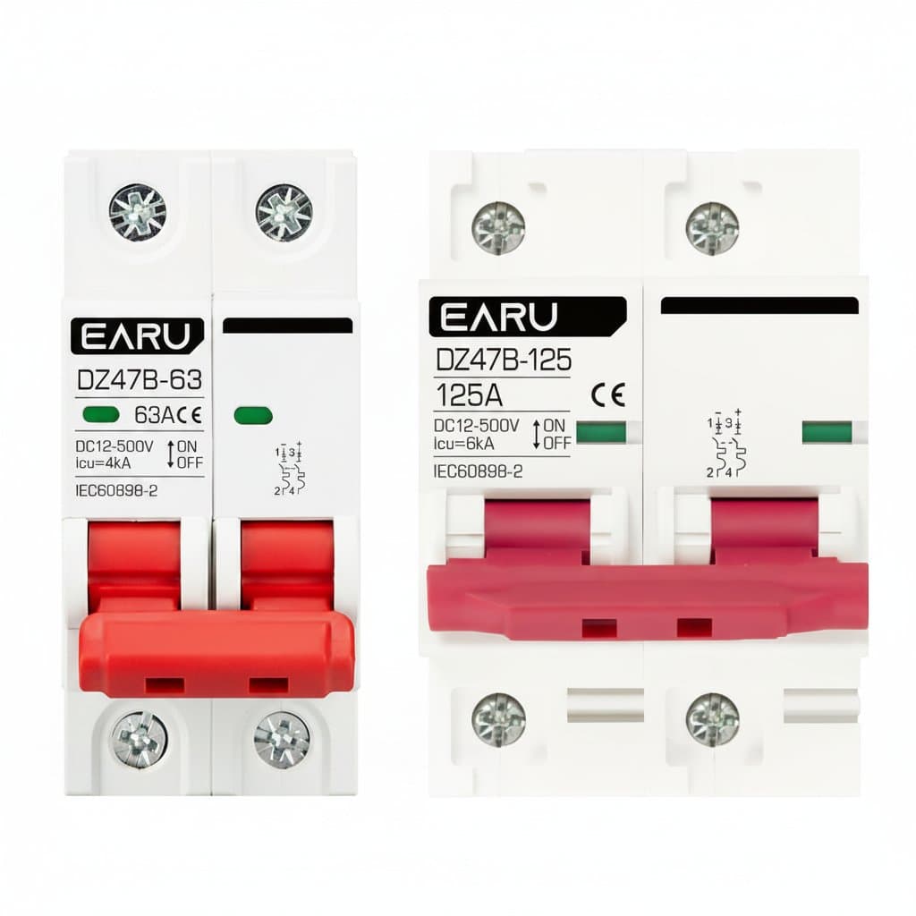 DZ47 2P DC MCB circuit breaker for 12V to 500V systems, featuring positive and negative pole protection for battery and automotive use.