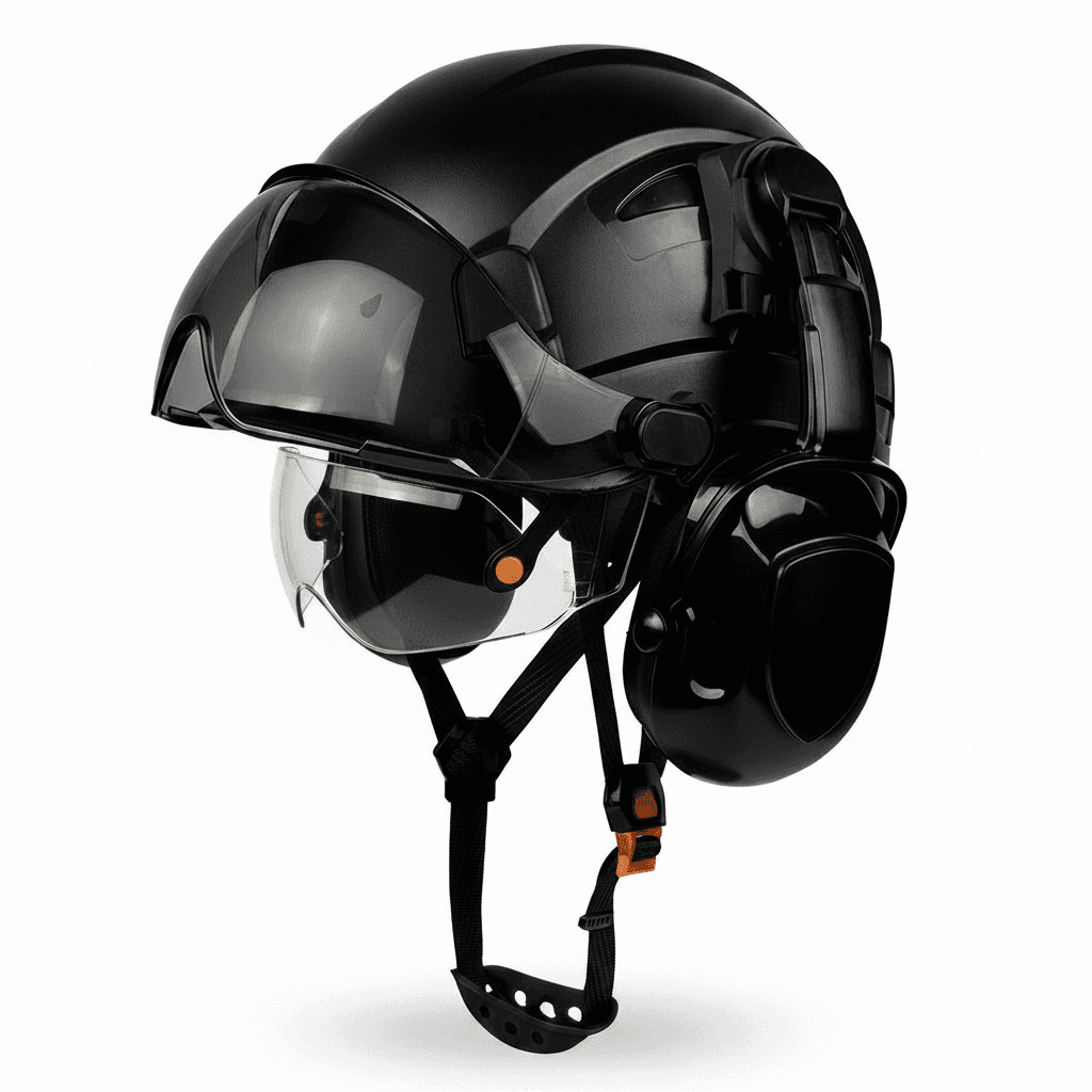 CE certified construction safety helmet with built-in goggles, earmuffs, reflective stickers, adjustable venting, and integrated visor.