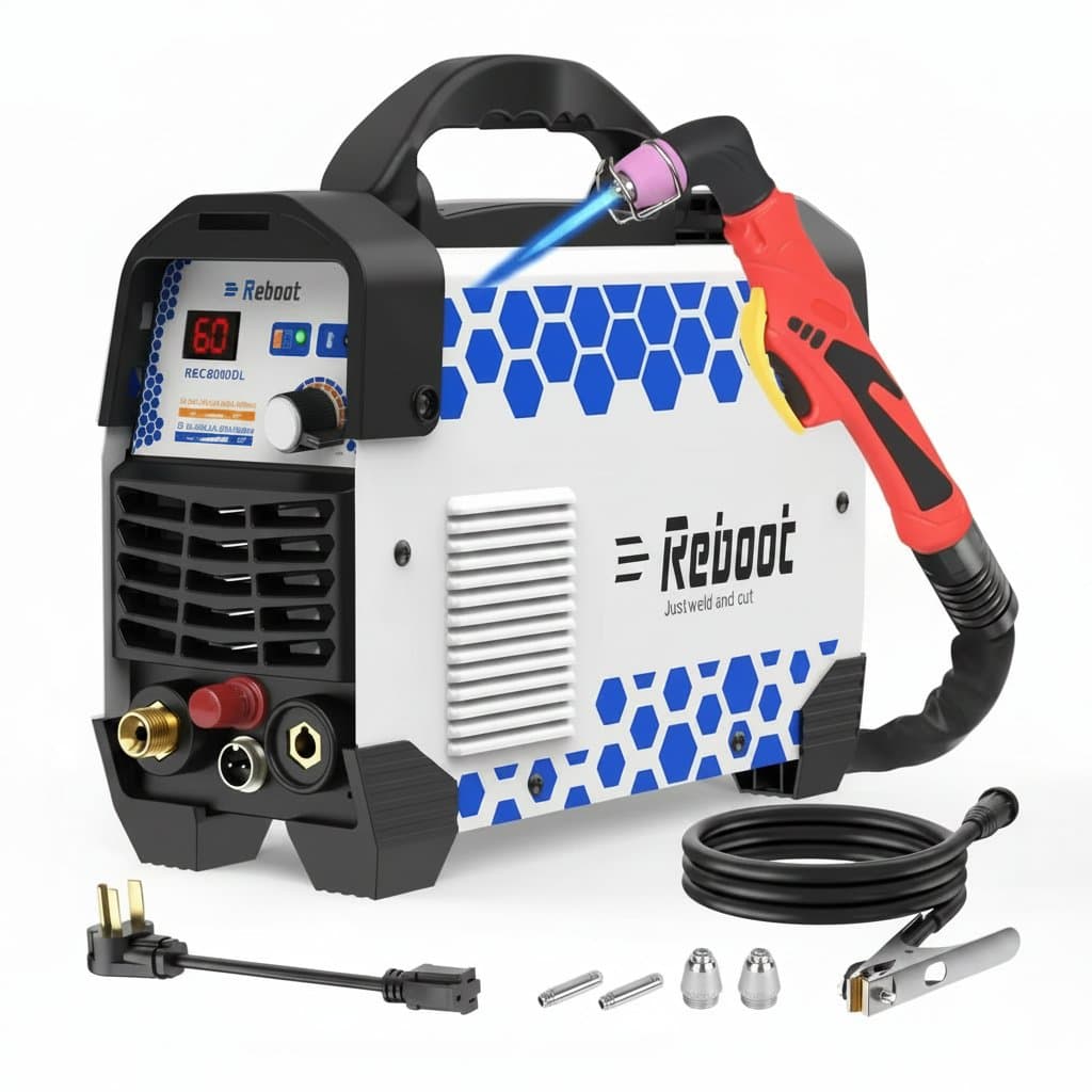Reboot Plasma Cutter 60 Amp machine with digital display, ready for clean metal cutting on a workbench.