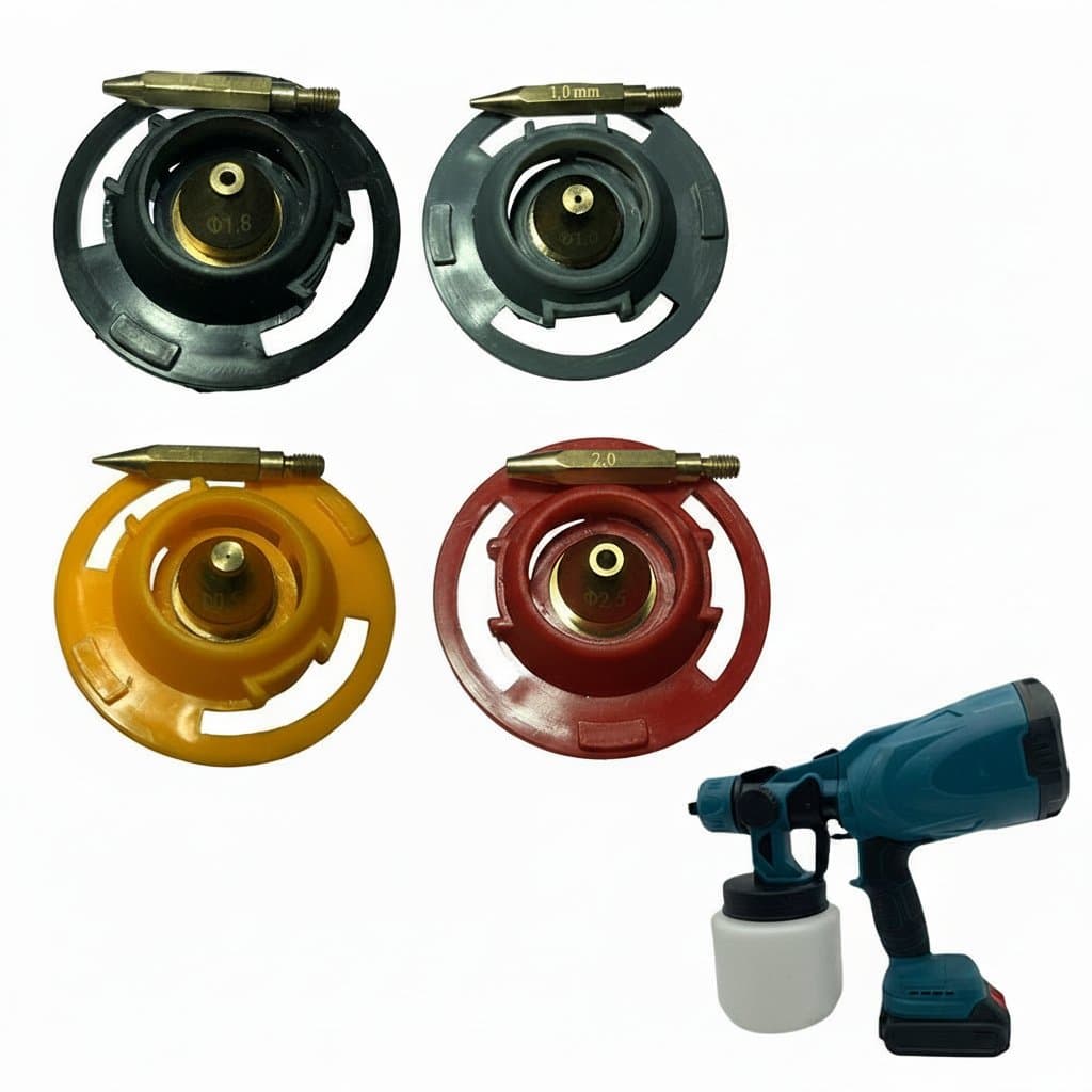 Single replacement nozzle for electric spray gun with six flow sizes from 0.5mm to 2.5mm for power tool maintenance.