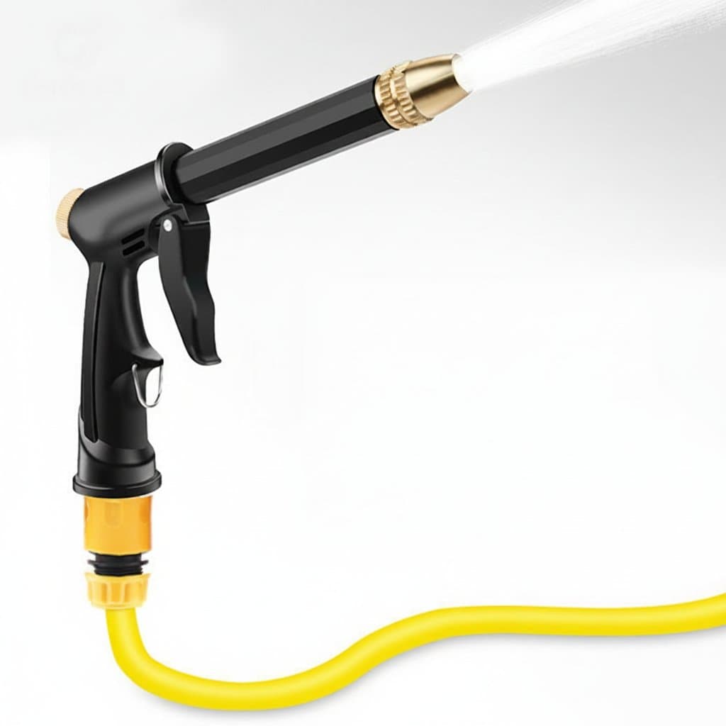 Multi-function high-pressure water gun with foam jug attachment, suitable for car washing, garden watering, and cleaning tasks.