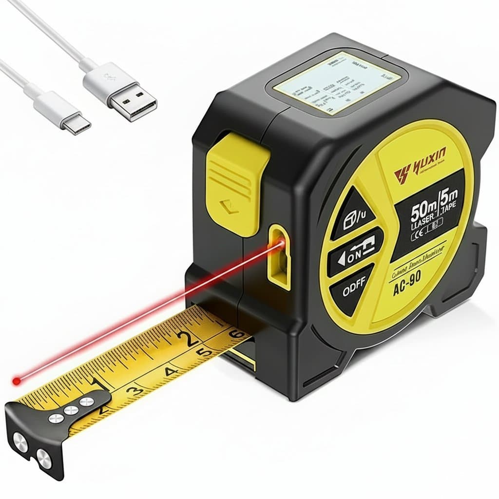 3-in-1 Laser Tape Measure with digital display, showing its compact design for high-precision distance, area, and volume calculations up to 50 meters.