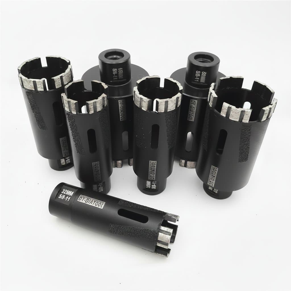 M10 Thread Diamond Core Drill Bit for concrete, tile, and brick, 6-75mm size range, for use with angle grinders and rotary tools.