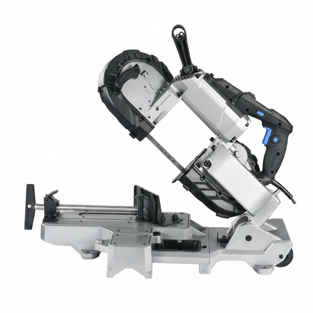 R2103 portable multifunctional band saw machine for handheld metal cutting, featuring stepless speed control and a compact horizontal design.