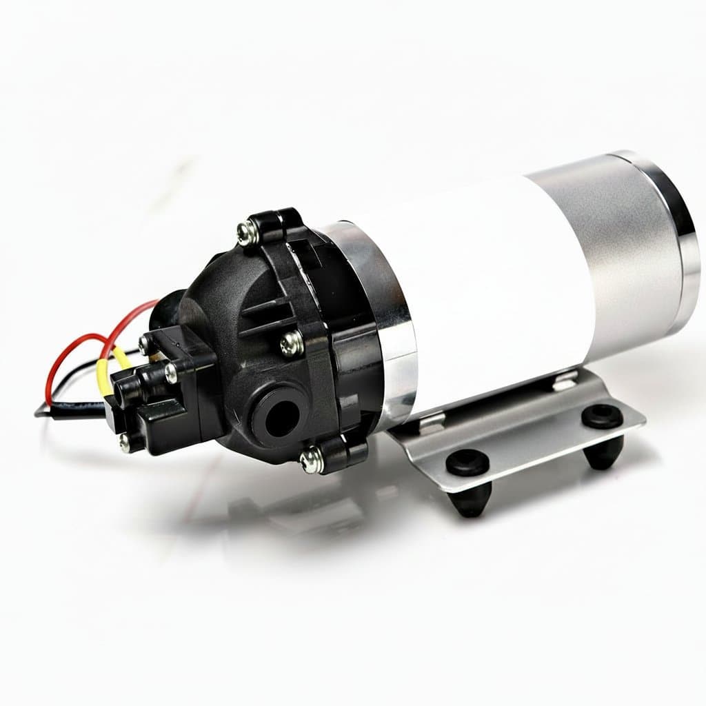 Compact DC 12V/24V diaphragm pump with pressure switch, 1.7LPM flow, 130 PSI, and 5m self-priming capability for high-pressure water.