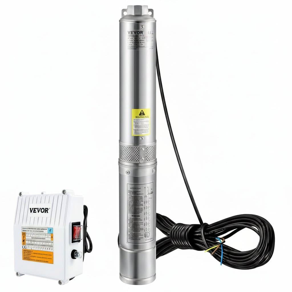 3HP 230V deep well submersible pump with 37 GPM flow, 640 ft head capacity, includes 33 ft cord and external control box.