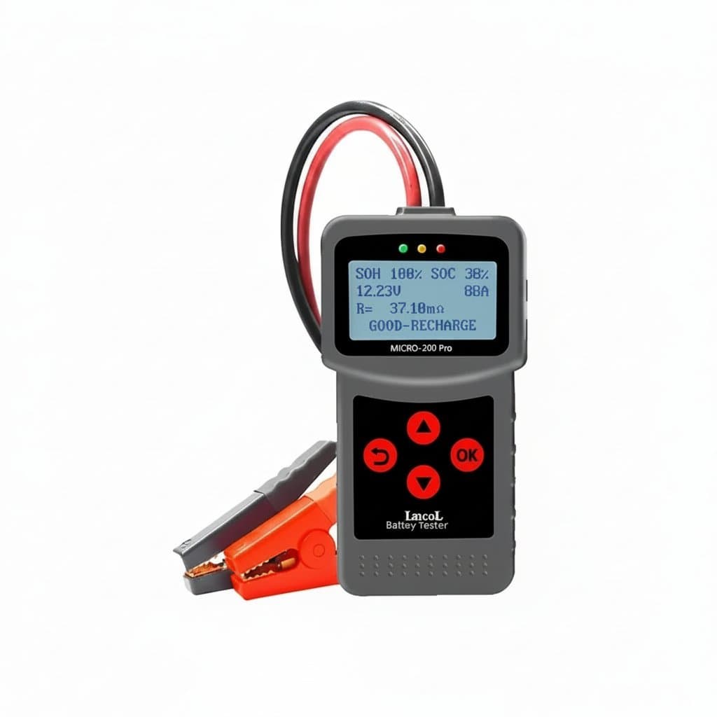 A person uses a Lancol Micro 200Pro 12V car battery tester to check a car battery, displaying results on its screen.