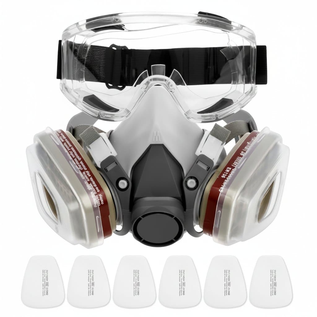 Professional reusable half facepiece respirator mask with safety glasses, offering breathing protection against dust and chemicals on construction sites.
