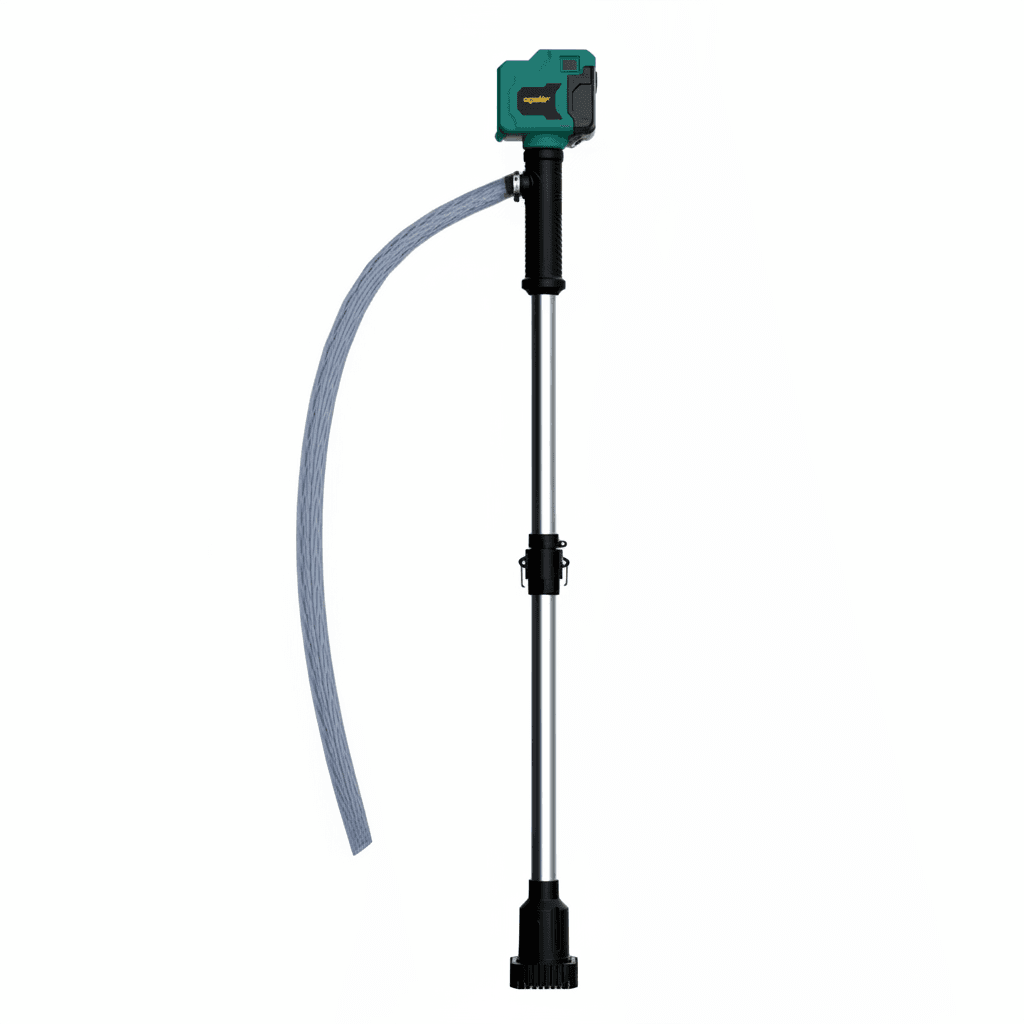 Cordless stick water transfer pump compatible with Makita 18V batteries, brushless deep well submersible design for pool, garden, and pond use.