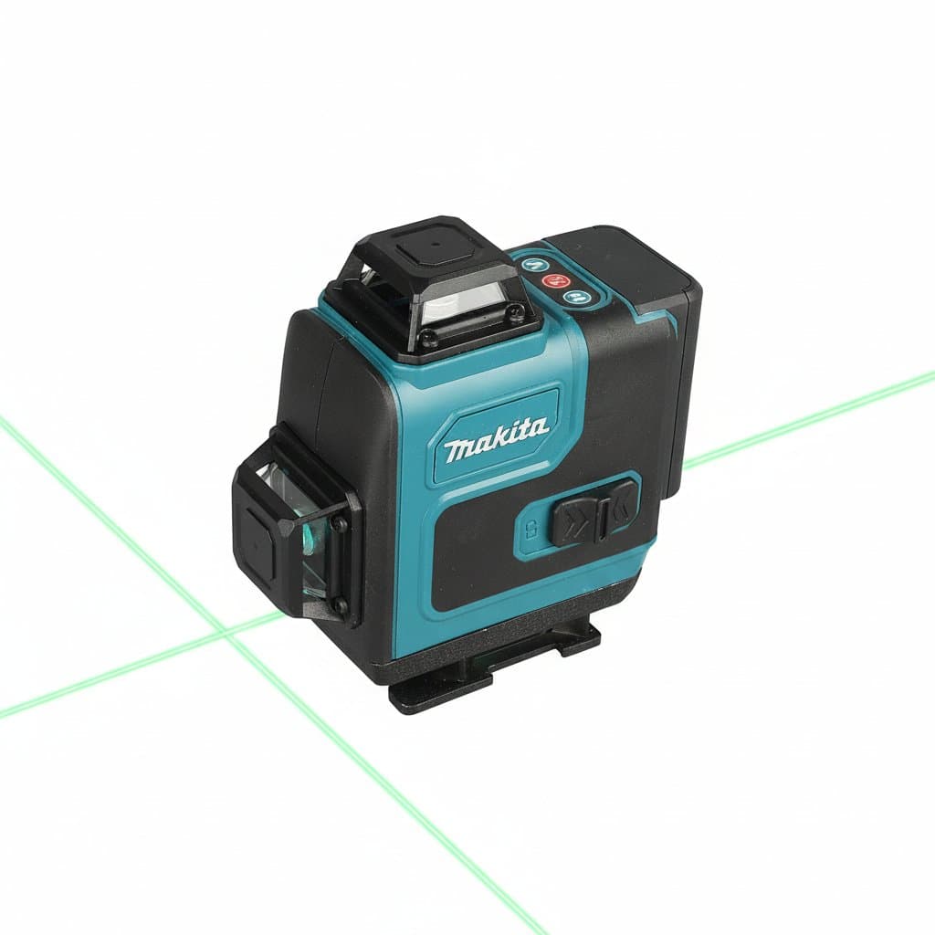Makita Green Laser Level projecting bright 4x360-degree lines on a wall, featuring a 5000mAh battery for construction layout work.