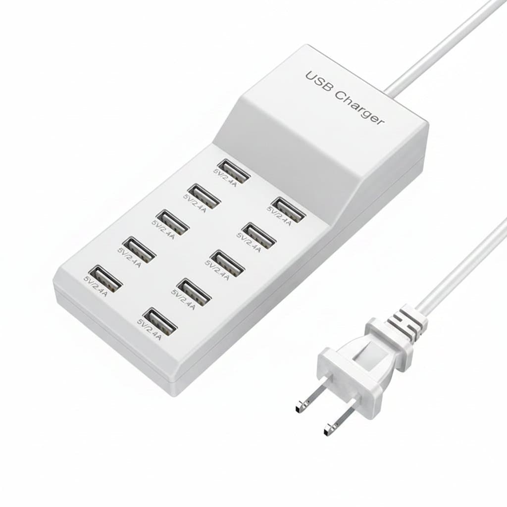 High Speed 10 Port USB Hub Charger with EU Plug, a compact power adapter strip for simultaneous charging of multiple devices at home, office, or while traveling.
