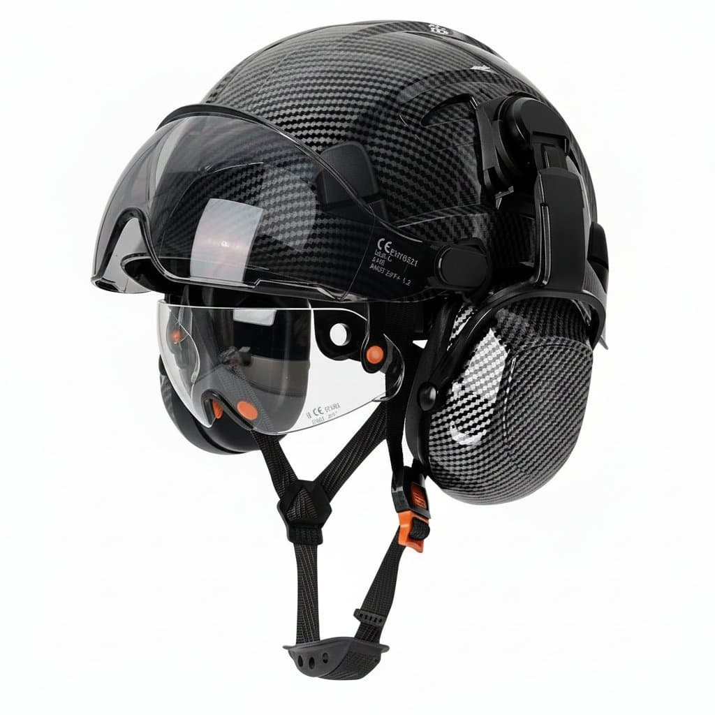 Carbon fiber safety helmet with double goggles and earmuffs, constructed with ABS materials and meeting ANSI standards for engineering and high-quality work.