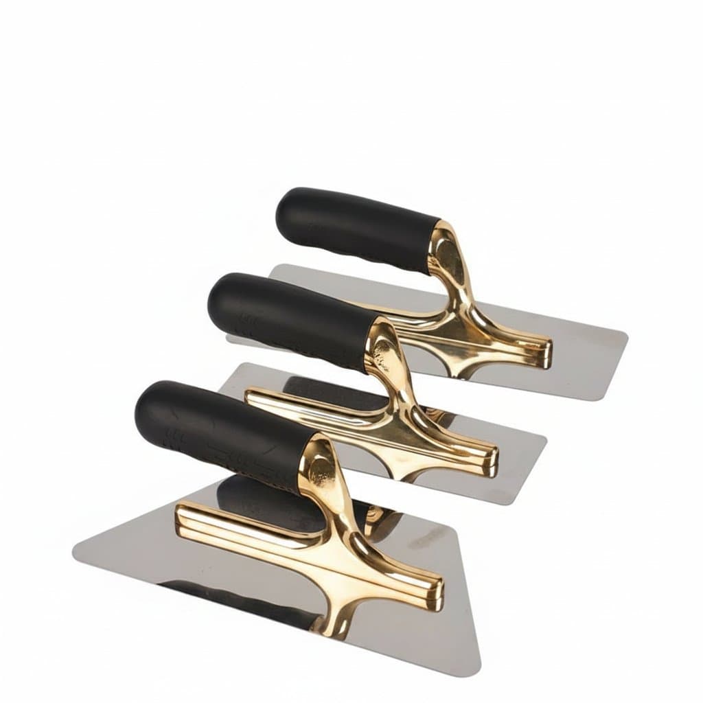 T50 Gold Stainless Steel Plastering Trowel with ergonomic rubber handle for bricklaying, skimming, and wall construction.