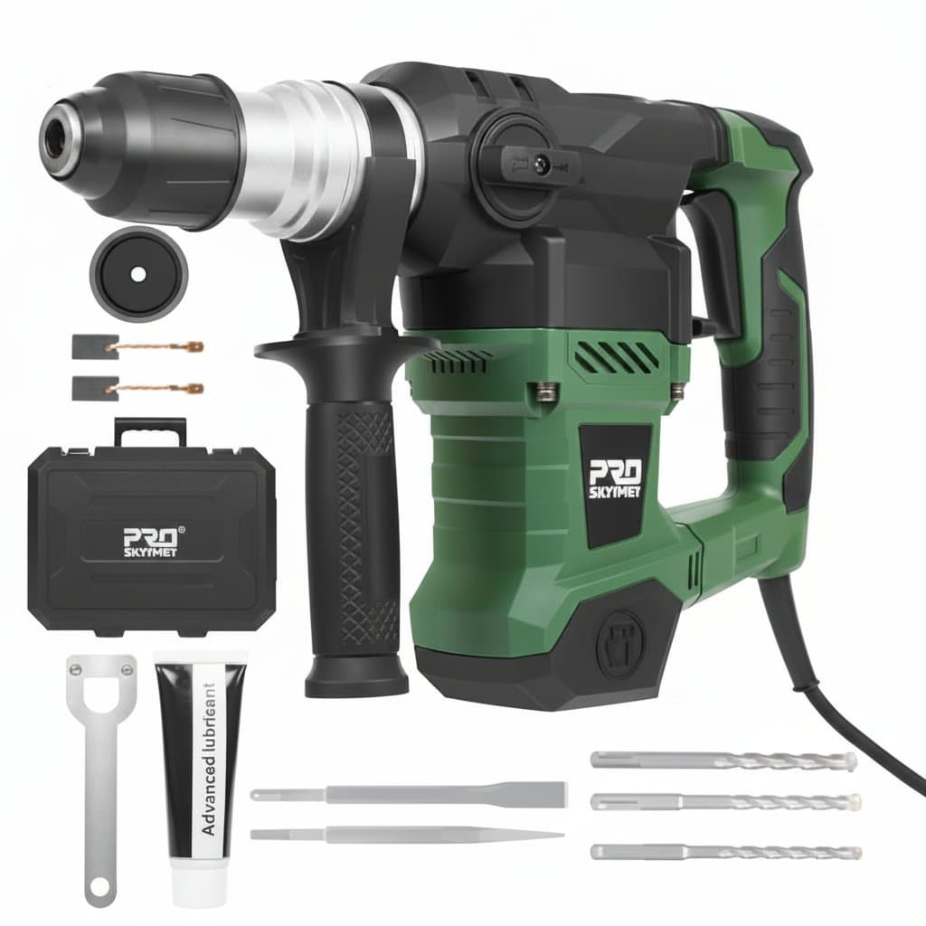 1-1/4 inch SDS-Plus Rotary Hammer Drill with 13 amp motor, featuring 4-function operation for drilling concrete, steel, and wood.