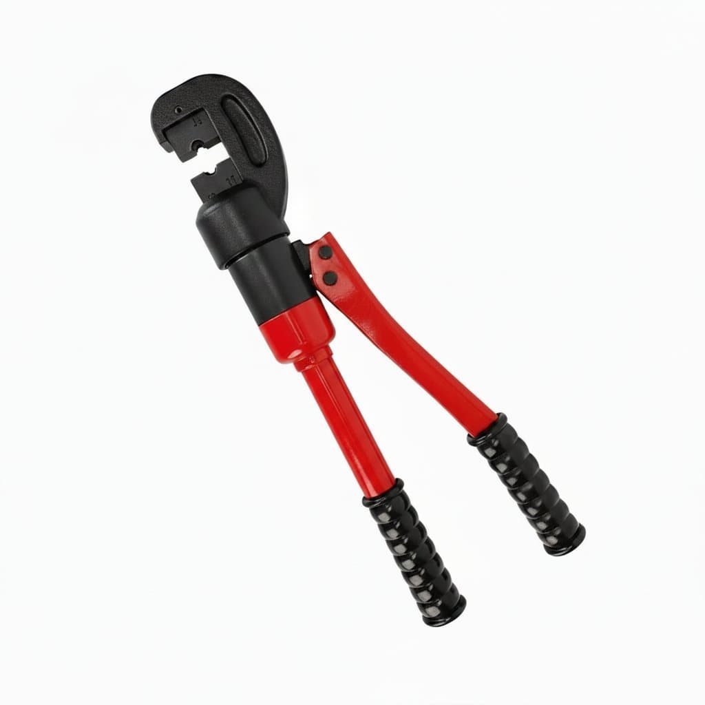Hydraulic Cable Lug Crimper Tool HP-120 for 10-120mm2 cables, shown on a workbench with dies and hose.