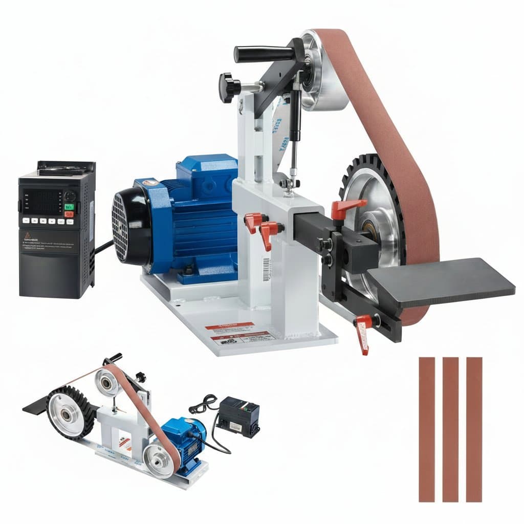 72x2-inch variable speed belt polisher with 1500W motor for heavy-duty metalworking and knife making applications.
