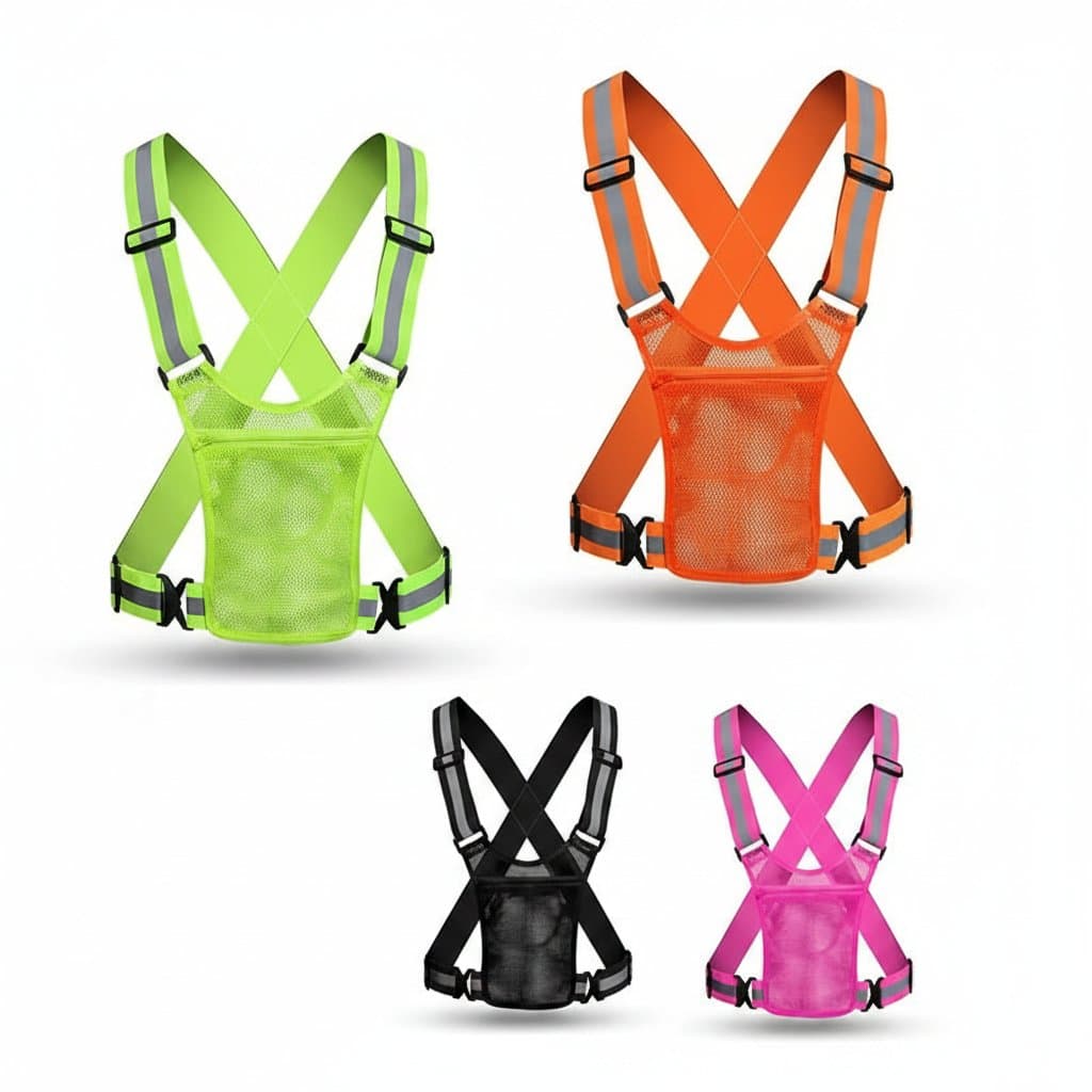 Unisex high-visibility safety vest available in four colors. Includes a storage bag and reflective strips for night construction, cycling, or work.