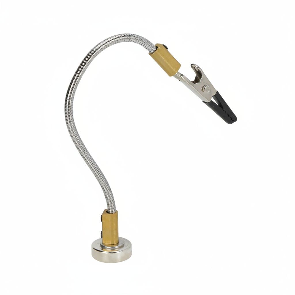Adjustable Third Hand Tool for soldering and electronics repair, with two alligator clip arms and a magnifying glass on a stable base.