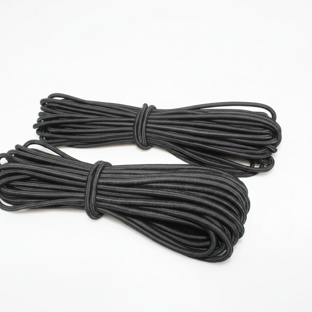 Black elastic cord rubber band for sewing and crafts, available in 3mm, 4mm, 5mm, 6mm, and 8mm diameters for strong, stretchy clothing and project repairs.