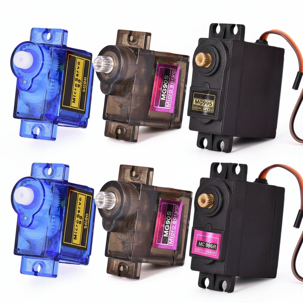 Servo motor set including MG995, MG996R, SG90, and MG90S models with metal or plastic gears. 180-degree micro servos for RC planes, aircraft, and fixed-wing models.