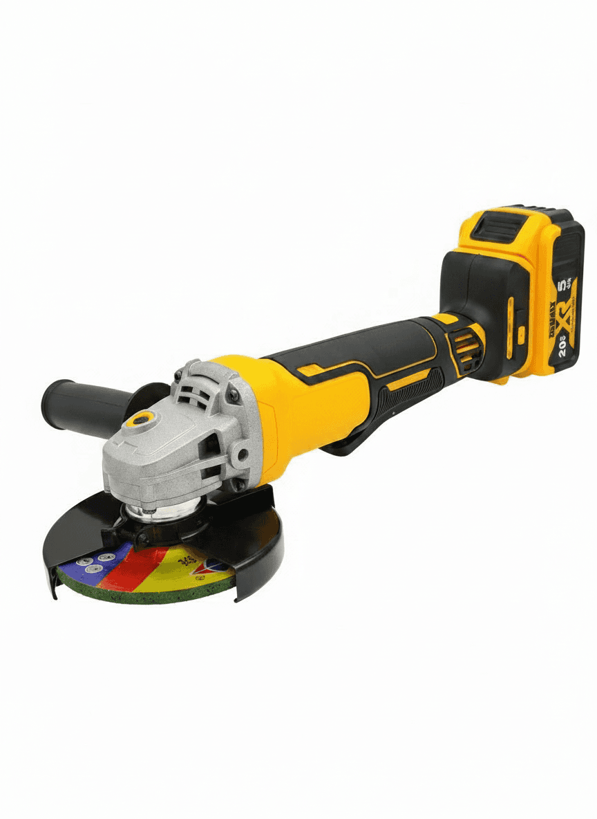 Dewalt DCG405 125mm cordless angle grinder with brushless motor, compatible with 20V batteries for cutting metal and sanding wood.
