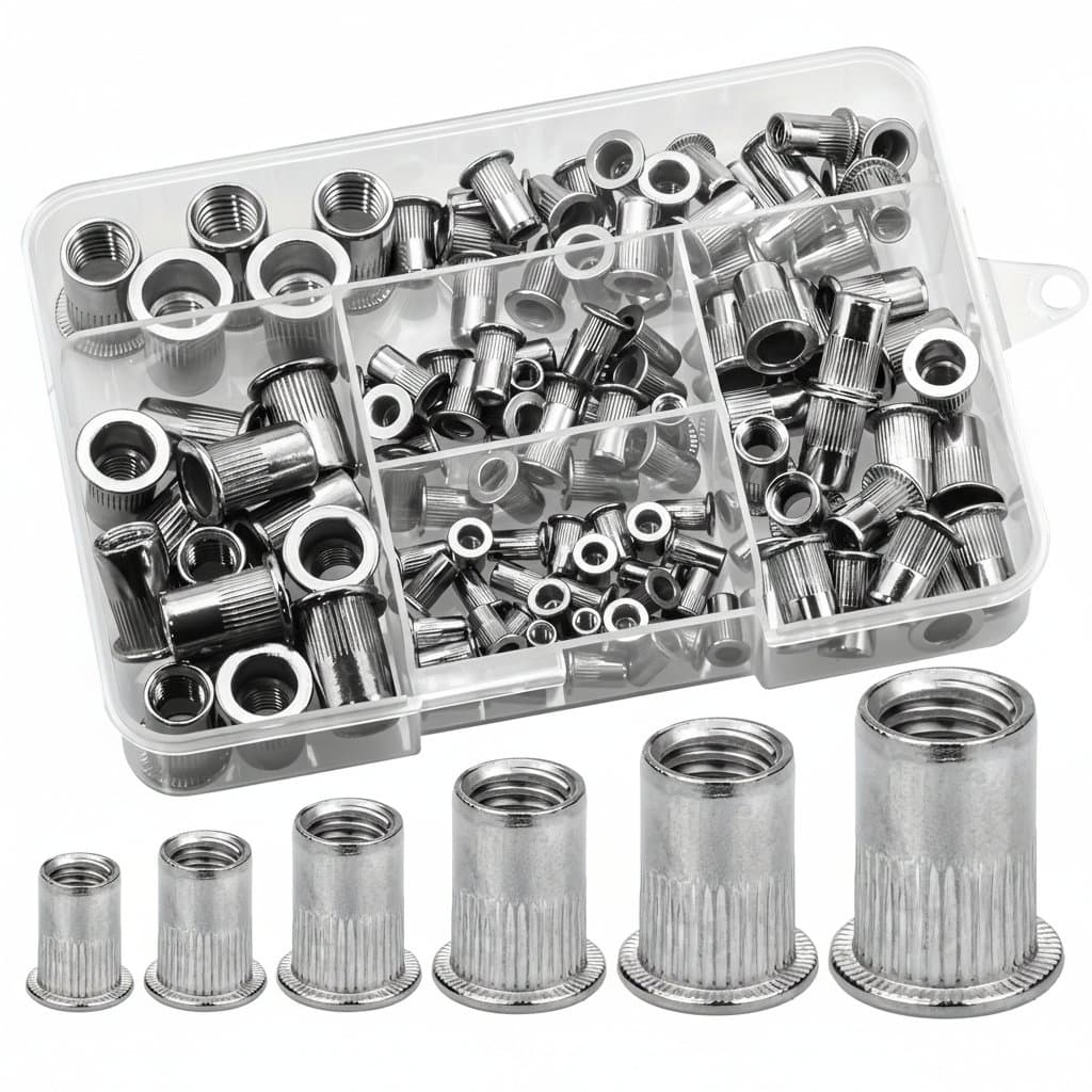 Assortment kit of flat head rivet nuts (rivnuts) in 304 stainless steel, including sizes M3 to M10 for creating threaded inserts in sheet materials.
