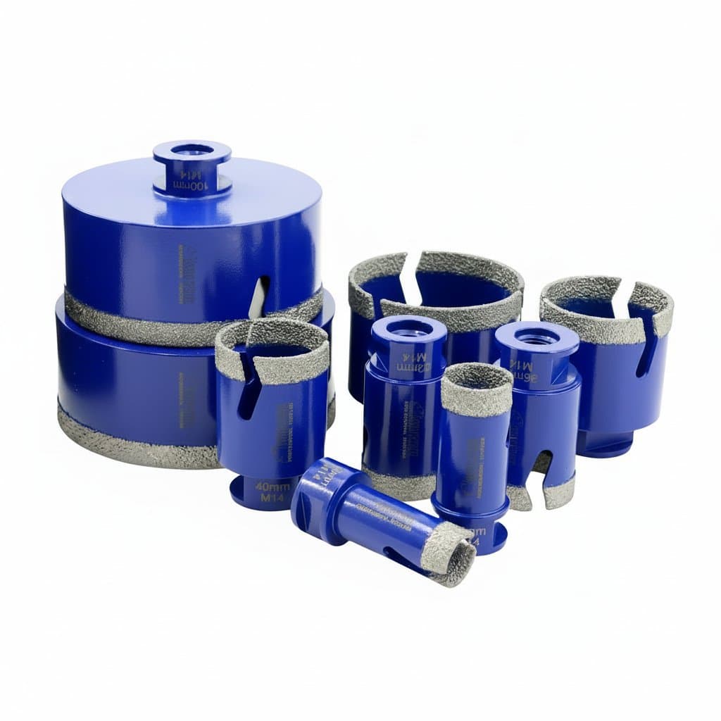 SHDIATOOL 1pc Diamond Drill Bit Set for porcelain, marble, granite, and quartz tile, featuring M14 thread and sizes from 20mm to 110mm.