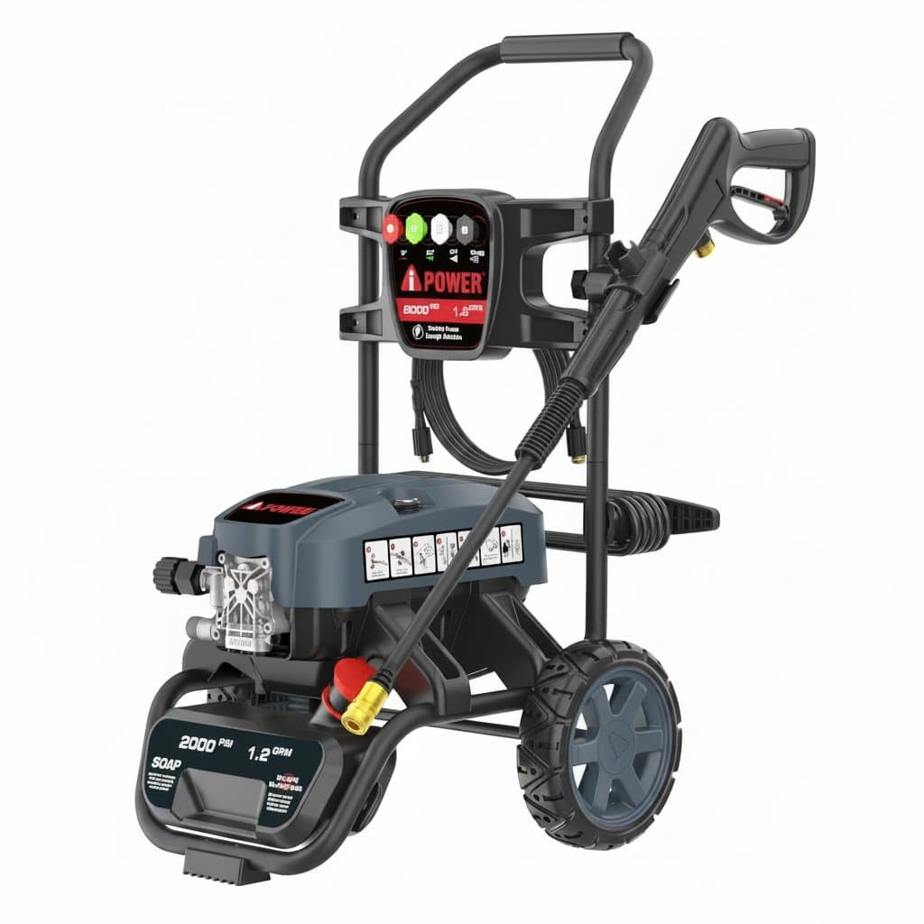 APW2000E electric pressure washer with 2000 PSI and 1.2 GPM, CETL compliant, features an onboard soap tank and five quick-connect nozzles.