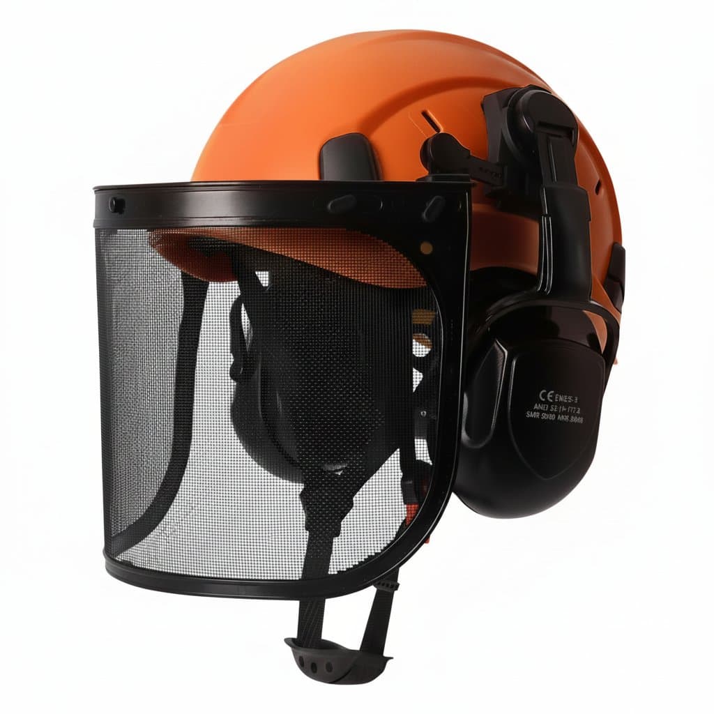 Forestry safety helmet with integrated visor, earmuffs, and chainsaw protection for arborist and logging applications, CE certified.
