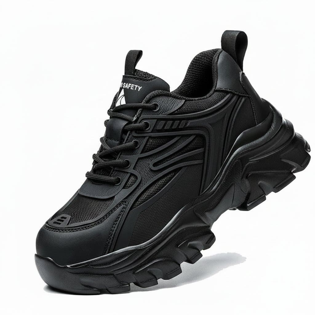 Safety shoes women, a pair of black and pink work shoes.
