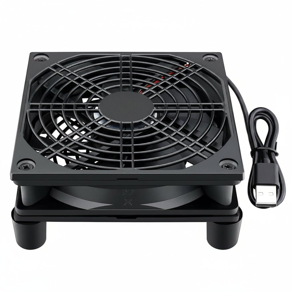Silent 120mm USB cooling fan for routers, PCs, and TV boxes, featuring a protective metal grill and included mounting screws.