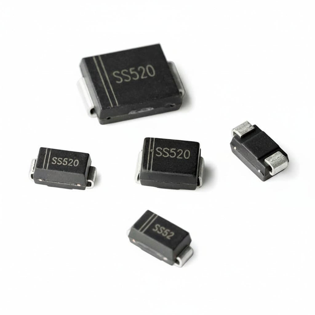SS52 series 5A 20V Schottky diode chip lot of 20 pieces, featuring SMA, SMB, and SMC package types for circuit board mounting.
