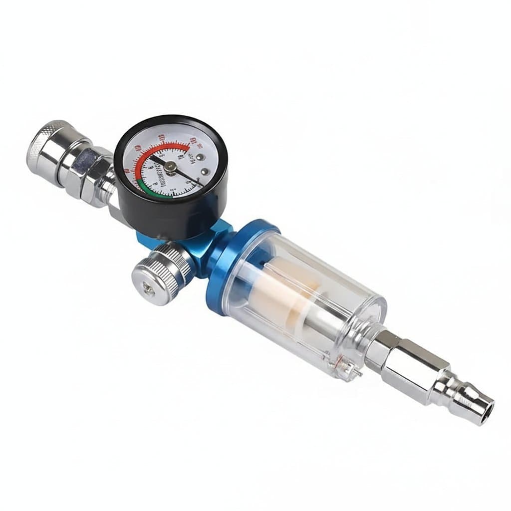 European style 1/4 inch water oil separator and air filter moisture trap for compressor spray gun tools, with clear bowl and pressure gauge.