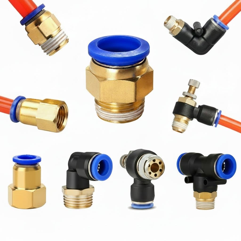 5-piece set of pneumatic air connector fittings with PC, PCF, SL, PB, and PL types in 6, 8, 10, and 12mm sizes and 1/8 and 1/4 inch NPT threads.