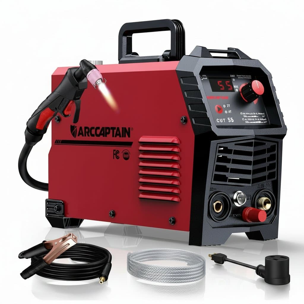 ARCCAPTAIN 55A Plasma Cutter with digital display and torch on a workbench, a dual voltage IGBT inverter for metal cutting.