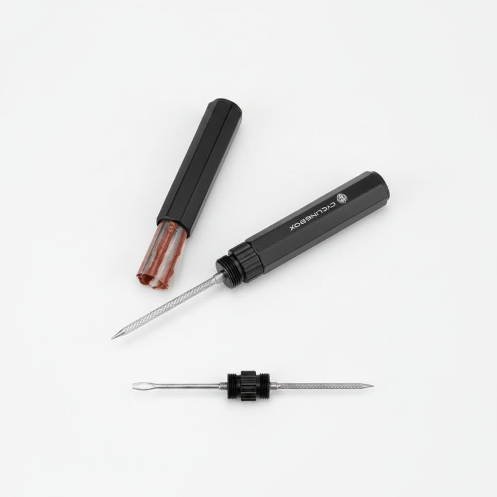 Professional tubeless tire repair kit for MTB and bike tires, includes rubber bacon strips, insertion tool, and patch for puncture flat fixes.