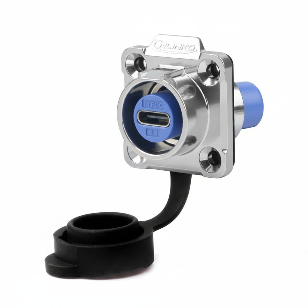 CNLINKO LP16 Waterproof USB-C connector for 10Gbps data transfer and fast charging in outdoor and marine environments.