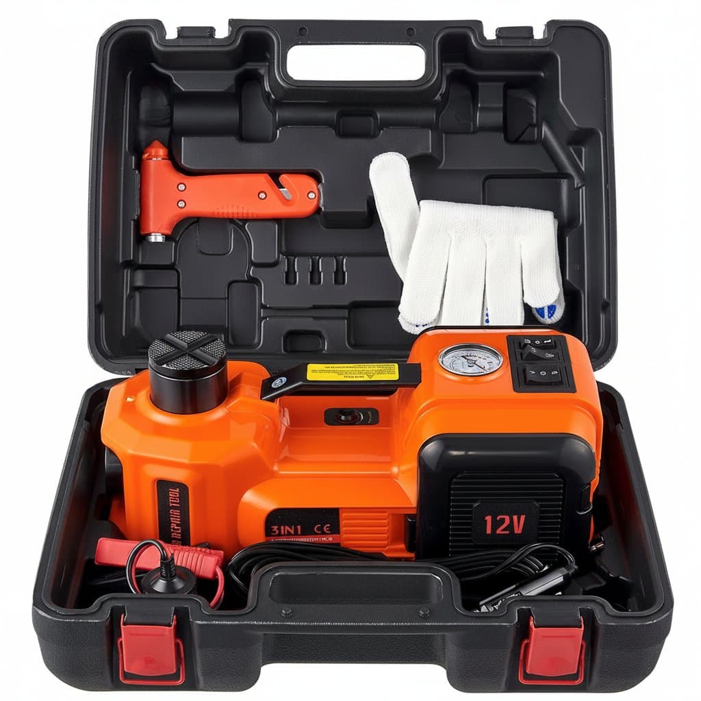 A SucceBuy 5T electric car jack with a built-in inflatable pump and LED light, ideal for a car jack for changing tires.