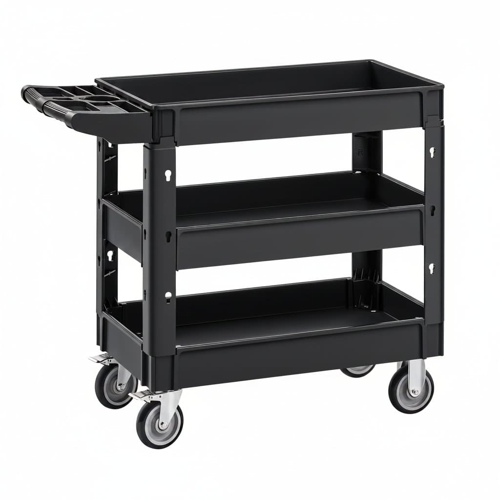 SucceBuy heavy-duty 2 to 3 shelf utility cart with 360-degree swivel wheels and ergonomic handle for warehouse or garage storage.