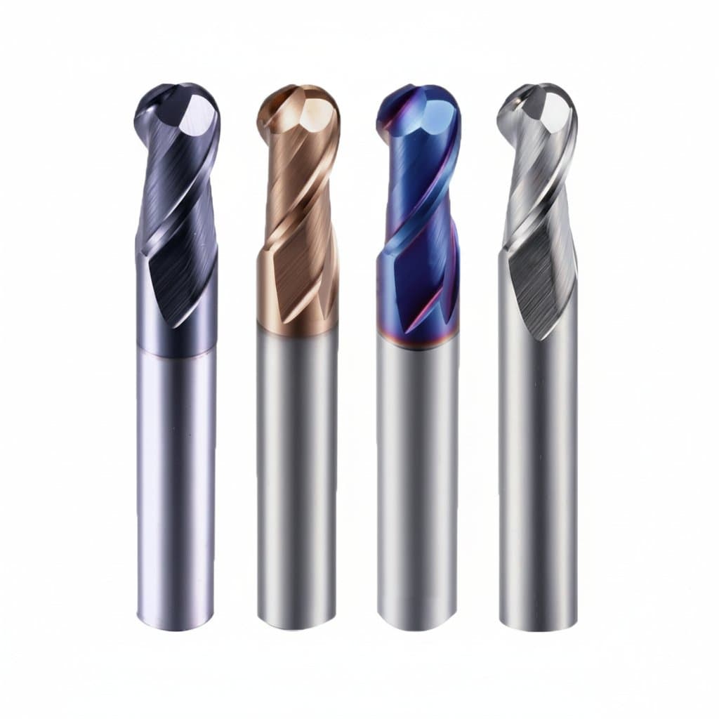 MZG ball end mill with 2 flutes, HRC45-65 hardness rating, nano coating for hard steel, cast iron, and brass. Tungsten carbide milling cutter.