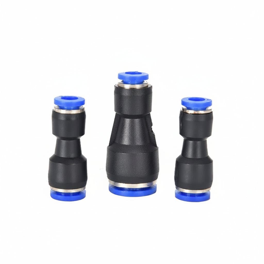 PG Air pneumatic push-to-connect straight fittings in a multi-pack, showing various sizes from 4mm to 16mm OD for plastic tubing.