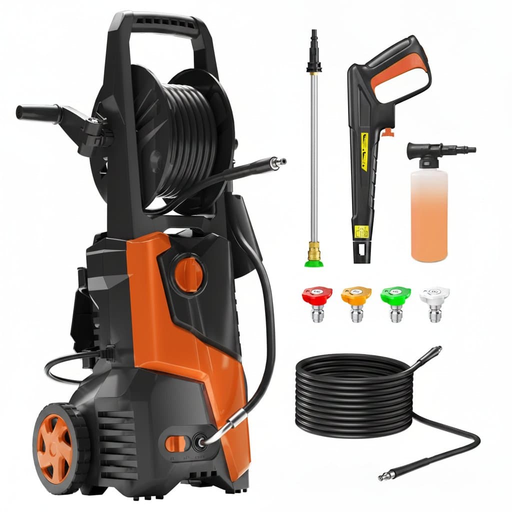 Electric pressure washer with 5000 PSI max pressure, 3.5 GPM flow, includes 20-foot hose and 16.3-foot power cord for cleaning tasks.