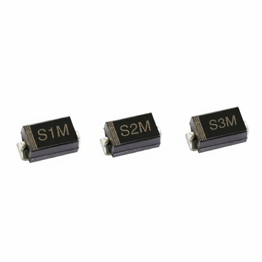 50-piece lot of S3M, S2M, and S1M rectifier diodes in SMA DO-214AC package, rated 1A to 3A and 1000V for circuit protection.