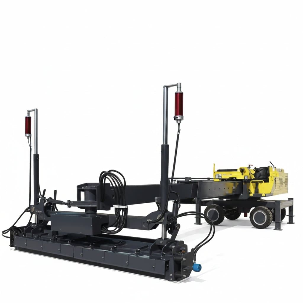 6-meter reach boom laser screed machine for concrete leveling on large warehouse floors, featuring a telescopic arm and precision laser.