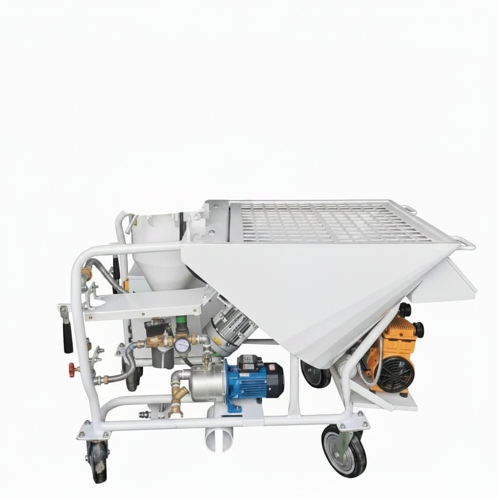 Electric gypsum cement plaster rendering machine with wood pump mortar spraying tool for construction projects.