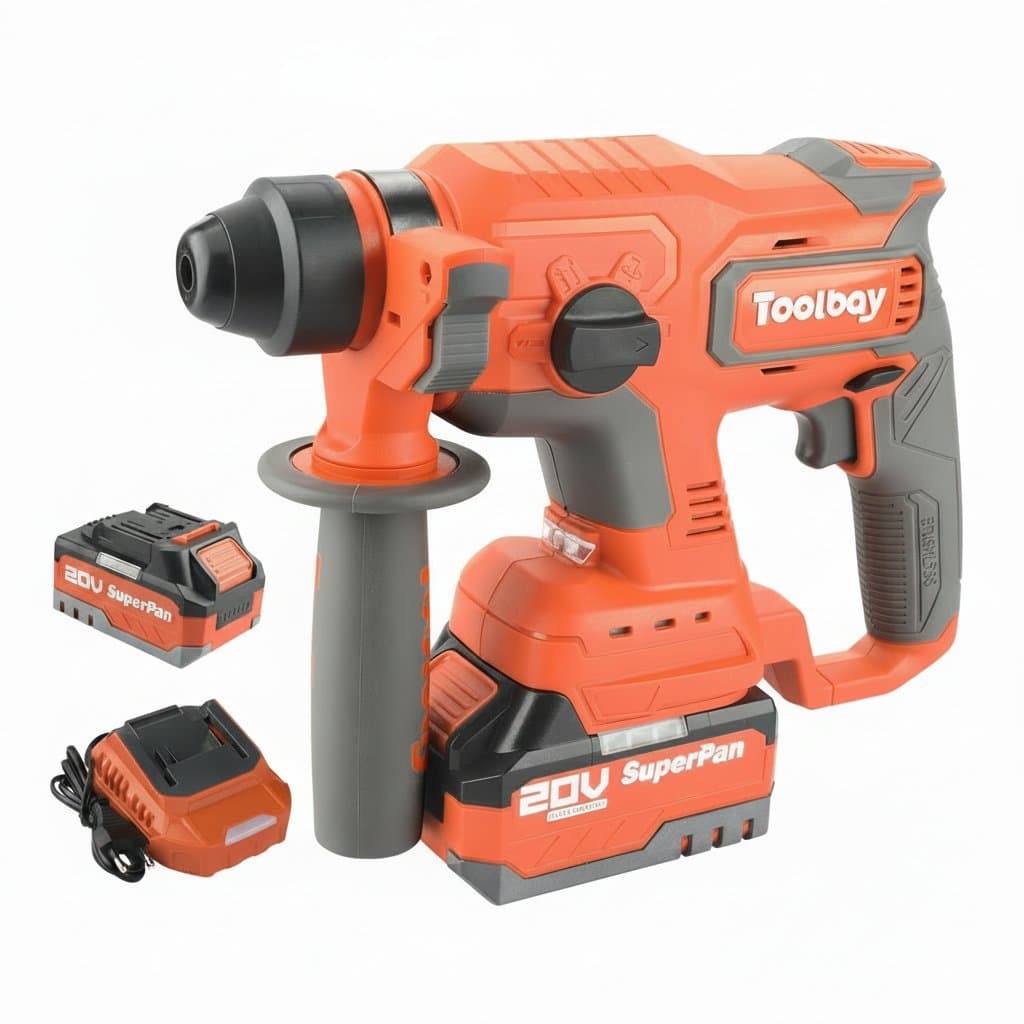 Superpan 20V cordless rotary hammer drill and impact driver tool set with battery and charger, displayed in a durable carrying case.